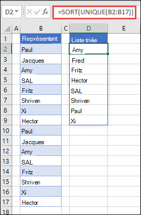 Utilisation de UNIQUE avec SORT pour renvoyer une liste de noms dans l’ordre croissant