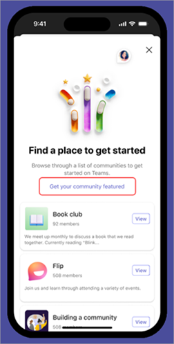 Capture d’écran de l’option de fonctionnalité de votre communauté dans la page Explorer les communautés dans Microsoft Teams (gratuit) sur mobile.