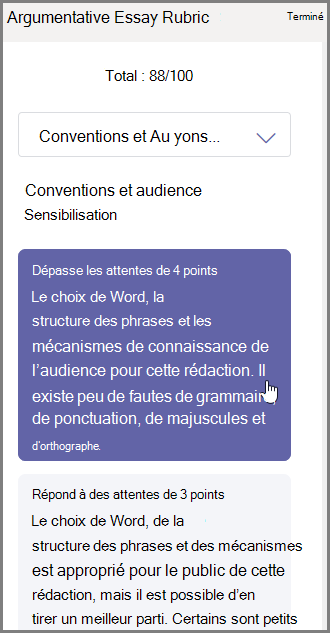 Sélectionnez la note que vous voulez leur attribuer pour la section sélectionnée et saisissez les commentaires au bas de la page