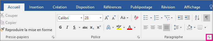 The arrow to open the Paragraph dialog box is highlighted on the Home tab.