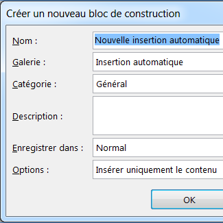 Boîte de dialogue Créer un nouveau bloc de construction