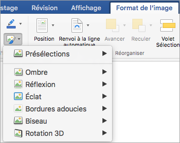 Affiche les options du menu Effets d’image