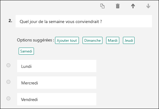 Sélection des options de réponses suggérées pour une question