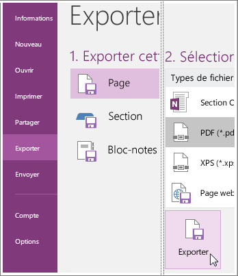 Capture d’écran de l’exportation d’une page de notes dans OneNote 2016