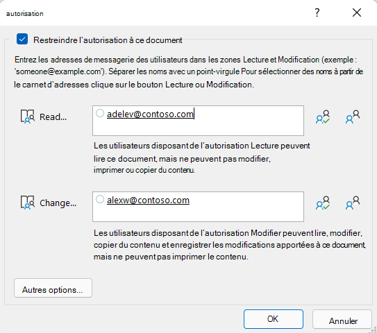 Boîte de dialogue Autorisations IRM montrant qui a l’autorisation Lecture à ce fichier et qui a des autorisations de modification sur le fichier.