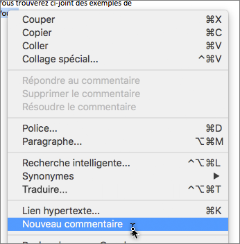 Sélectionnez Nouveau commentaire dans le menu contextuel