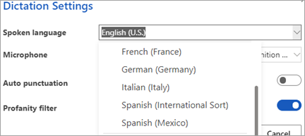 Langues dans lesquelles vous pouvez dicter