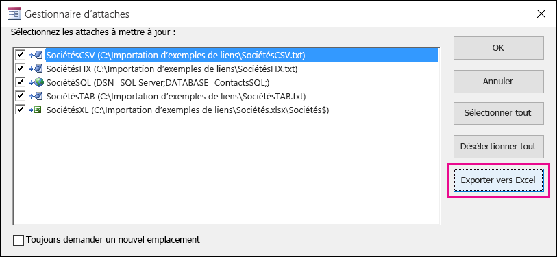 Boîte de dialogue Gestionnaire d’attaches dans Access avec le bouton Exporter vers Excel sélectionné.