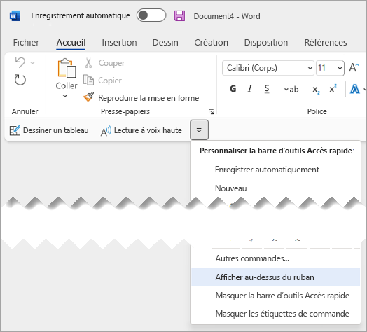 Menu déroulant Accès rapide Afficher au-dessus du ruban
