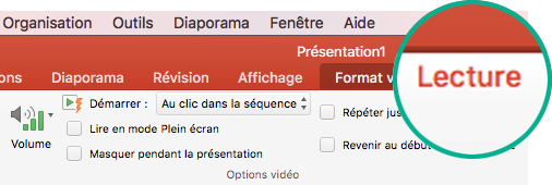 Quand une vidéo est sélectionnée sur une diapositive, un onglet Lecture s’affiche dans le ruban de barre d’outils, qui vous permet de définir les options de lecture vidéo.