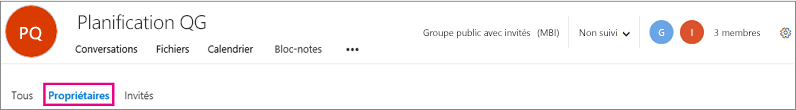 En-tête de groupes avec lien Propriétaires mis en évidence