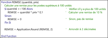 Exemple de fonction VBA avec commentaires