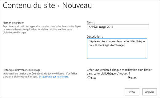 Placer le nom, la description et le contrôle de version facultatif