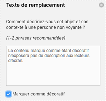 Case à cocher Marquer comme décoratif activée du volet Texte de remplacement de Word pour Mac.