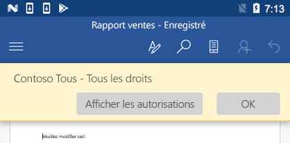 Lorsque vous ouvrez un fichier protégé par IRM dans Office pour Android, vous pouvez voir les autorisations qui vous ont été attribuées.