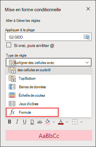 Sélectionner une règle de formule