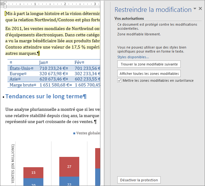 Les options d’édition apparaissent dans le volet Restreindre la modification.