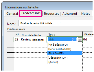 Onglet Prédécesseurs de la boîte de dialogue Informations sur la tâche