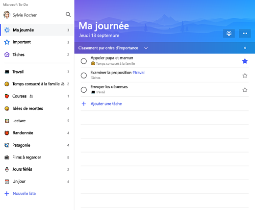 Capture d’écran présentant la barre latérale de la liste et la liste Ma journée dans Microsoft To-Do