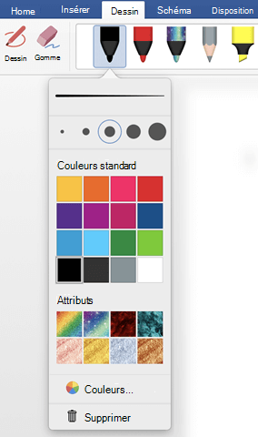 Options de couleur et d’épaisseur d’un stylo dans la galerie de stylos Office dans l’onglet Dessin