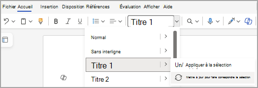 Affiche un titre sélectionné dans la liste de styles et, à droite, une liste développée avec « Mettre à jour pour correspondre à la sélection » mise en évidence.