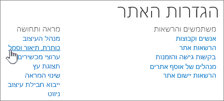 הגדרות אתר עם כותרת, תיאור, סמל שנבחר