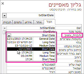 תמונה של גליון המאפיינים עם הרשימה הנפתחת 'תבנית' מוצגת.