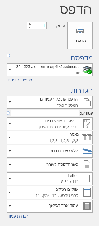 צילום מסך של החלונית 'הדפס' עם הגדרות הדפסה השונות, כגון מספר העותקים.