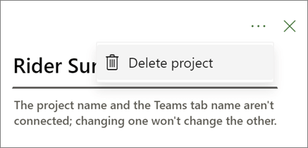 צילום מסך המציג את הפקודה 'מחק פרוייקט' ברשימה הנפתחת מתוך שלוש הנקודות של כרטיסיית Project Teams.