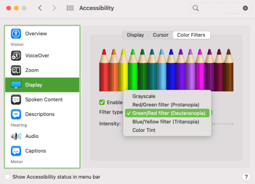 מסנני הצבעים עבור עיוורון צבעים המוצג ב- macOS.