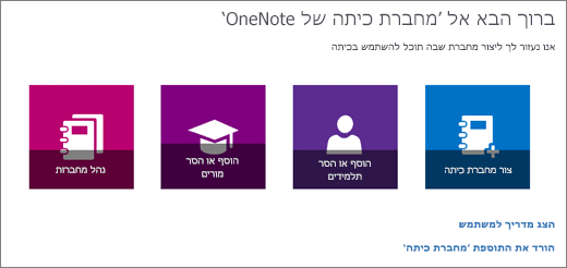 אשף מחברת הכיתה של OneNote עם סמלים ליצירת מחברת כיתה, הוספה או הסרה של תלמידים, הוספה או הסרה של מורים וניהול מחברות.