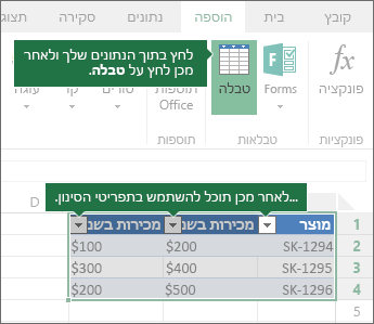 הכרטיסיה 'הוספה', לחצן 'טבלה', תפריטי סינון