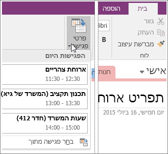 צילום מסך של לחצן 'פרטי פגישה' ב- OneNote 2016.