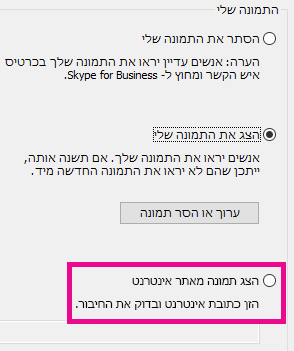 צילום מסך של מקטע Lync של חלון אפשרויות 'התמונה שלי' שבו מסומנת האפשרות 'בחר תמונה מאתר אינטרנט'