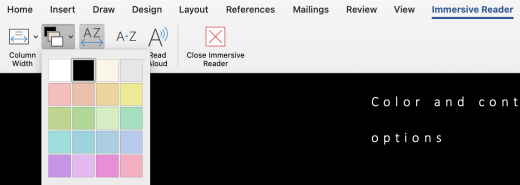 תפריט 'תצוגת קריאה מודרנית' עבור צבע עמוד Word עבור Mac.