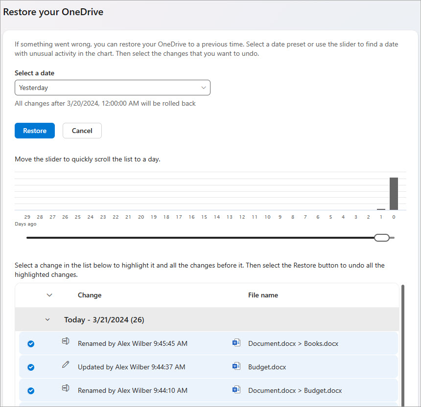 שחזר את פעילויות הקבצים שלך ב- OneDrive.