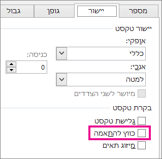 התיבה 'כווץ להתאמה' בכרטיסיה 'יישור' בתיבת הדו-שיח 'עיצוב תאים'