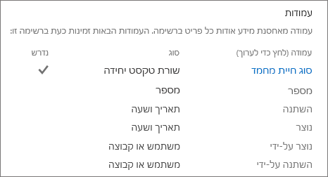 המקטע עמודה ברשימה בהגדרות רשימה