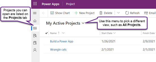 התצוגה 'הפרוייקטים הפעילים שלי', מוצגת בכרטיסיה 'פרוייקטים' ב- Project Power App