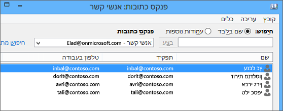 בעת ייבוא אנשי הקשר מ- Google Gmail ל- Office 365, תראה אותם מופיעים בפנקס הכתובות: אנשי קשר