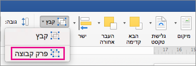 כדי לפזר קיבוץ, לחץ על פרק קבוצה בכרטיסיה עיצוב צורה או בכרטיסיה עיצוב תמונה.