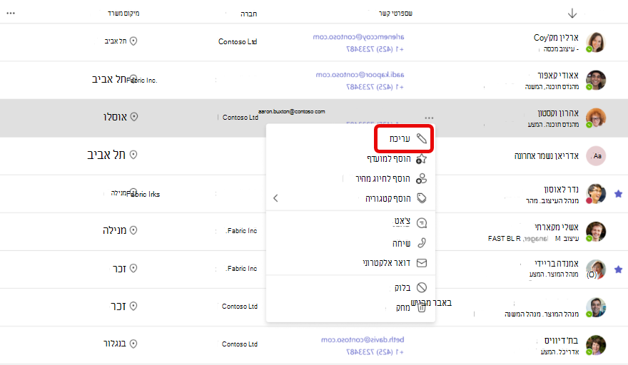 צילום מסך של זרימת העבודה לעריכת פרטי קשר ביישום 'אנשים' של Teams