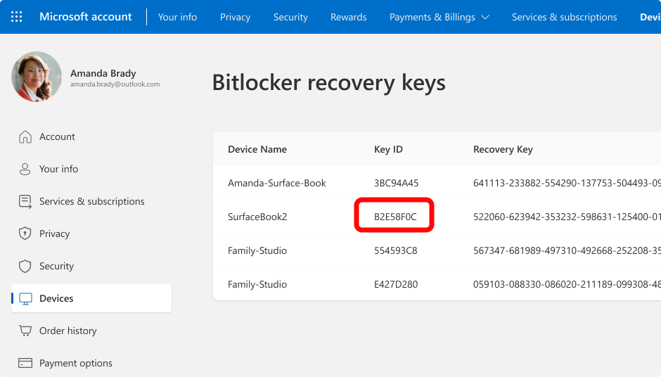 צילום מסך של מפתחות השחזור של BitLocker עבור חשבון Microsoft.