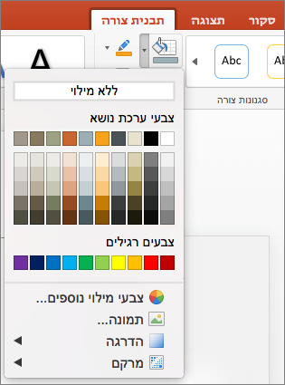 צילום מסך שמציג את האפשרויות הזמינות בתפריט 'מילוי צורה', כולל 'ללא מילוי', 'צבעי ערכת נושא', 'צבעים רגילים', 'צבעי מילוי נוספים', 'תמונה', 'מילוי הדרגתי' ו'מרקם'.
