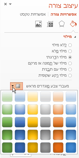 החלונית 'עיצוב צורה' עם גלריית המילויים ההדרגתיים הקבועים מראש