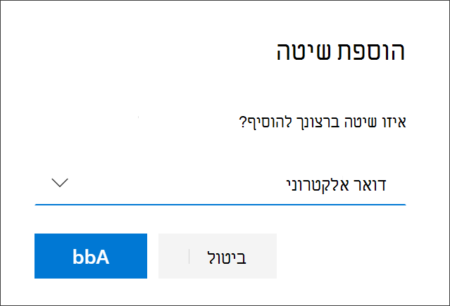 התיבה 'הוסף שיטה', עם בחירת דואר אלקטרוני