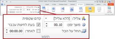 הקבוצה 'תזמון' בכרטיסיה 'מעברים' ברצועת הכלים של PowerPoint 2010.