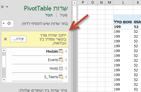 בקשת קשר הגומלין 'יצירה...' ב'שדות PivotTable'