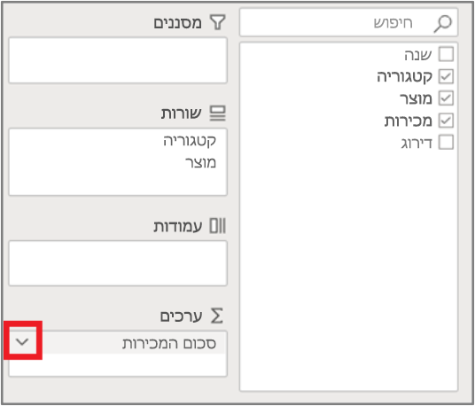 התיבה 'ערכים' ברשימת השדות
