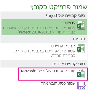 שמירת קובץ Project בתור חוברת עבודה של Microsoft Excel